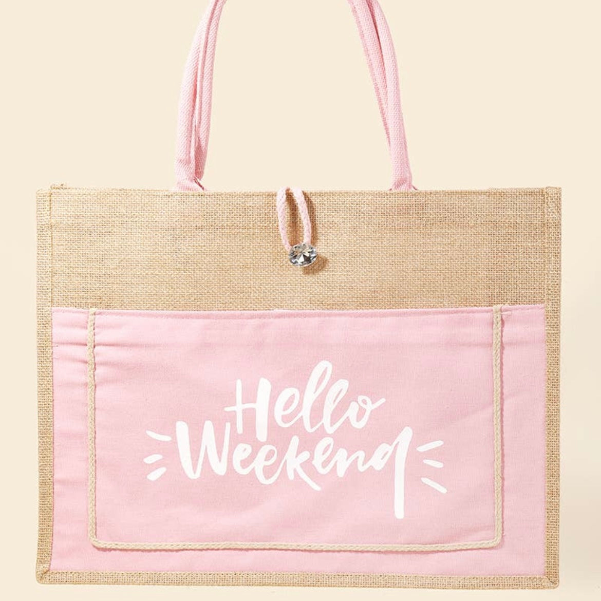 Hello Weekend Burlap Tote