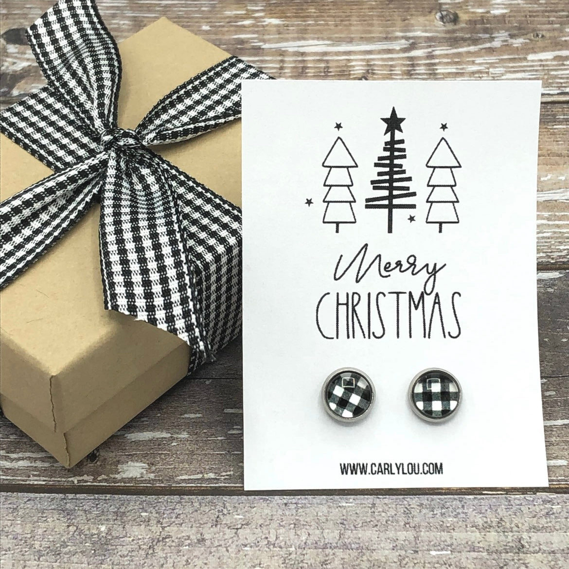 Merry Christmas Earrings- Black and White Plaid
