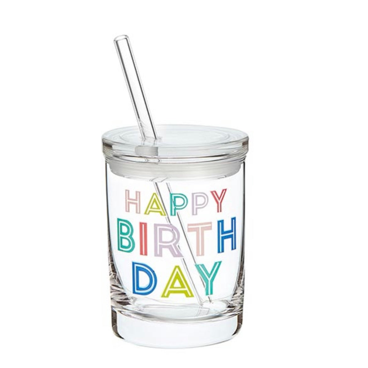 Happy Birthday Glass Cup with Lid & Straw